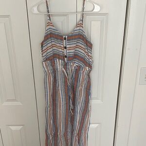 Striped Spaghetti-Strap Linen Dress in Blue & Tan